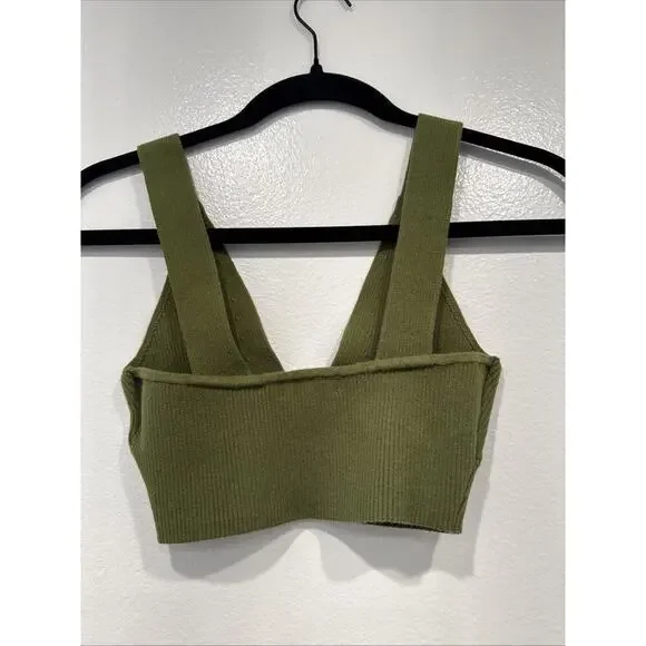 Good American Green Knit Crop Top Women's Size 1 Bralette V Neck Sexy Sleeveless - Picture 2 of 5